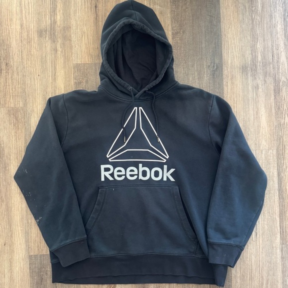 VTG‎ Distressed Reebok Spell Out Logo Hoodie Sweatshirt Black XL